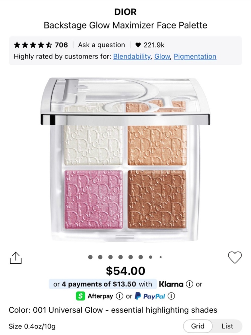 Dior Backstage Glow Maximizer Face Palette, Shade 001 Universal Glow